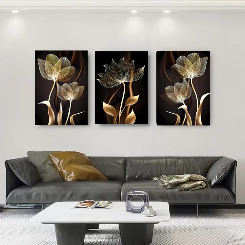 Golden Abstract Floral Wall Art Set – 3-Piece Modern Design