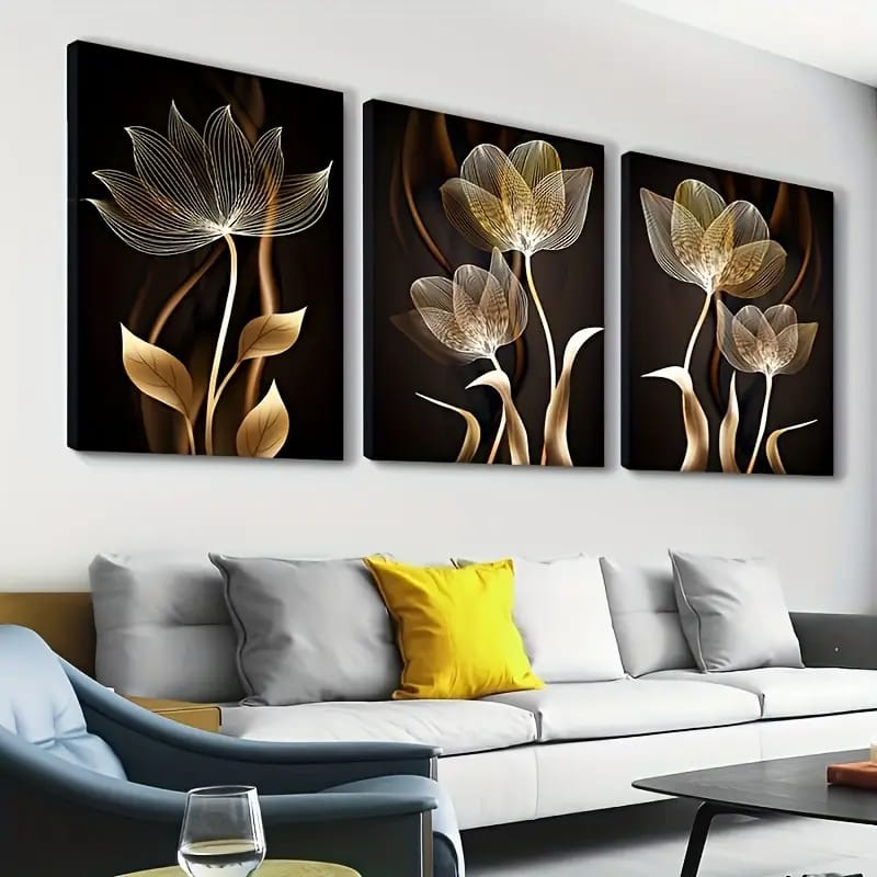Golden Abstract Floral Wall Art Set – 3-Piece Modern Design