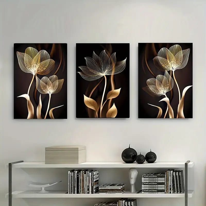 Golden Abstract Floral Wall Art Set – 3-Piece Modern Design